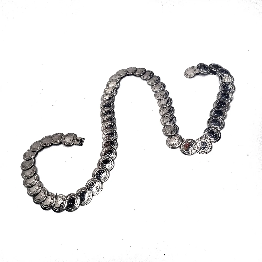 Vintage Medallion Coin Link Elastic Statement Belt In Silver Tone